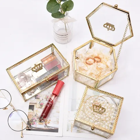 Retro Brass Glass Mirrored Jewelry Box Crown Storage Organizer Vintage Decorative Display Case For Trinket Home Decor
