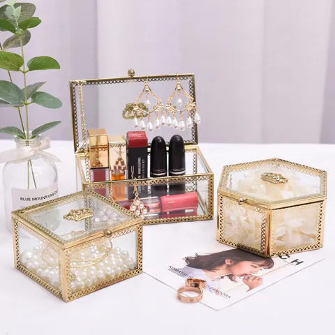 Retro Brass Glass Mirrored Jewelry Box Crown Storage Organizer Vintage Decorative Display Case For Trinket Home Decor