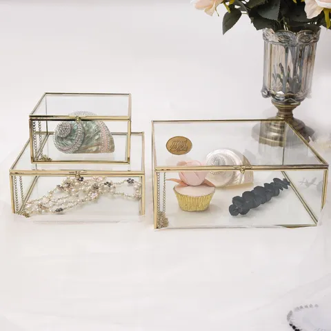 Noordse Retro Glas Sieraden Opbergdoos Messing Omkaderd Transparant Display Dienblad Desktop Organizer Voor Huisdecoratie