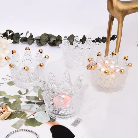 Glass Crown Candlestick Jewelry Storage Tray Clear Decorative Trinket Dish Home Decor Ring Holder Women Gift