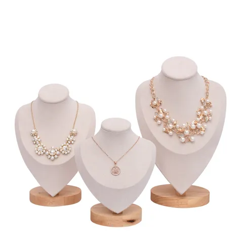 Présentoir de Collier en Bois Massif et Flanelle Mannequin Support de Bijoux de Cou Vitrine Organisateur