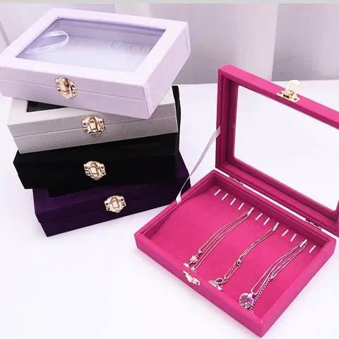 Draagbare Flanel Sieradendoos Reizen Opslag Organizer Met Transparant Glazen Deksel En Metalen Slot Voor Kettingen Armbanden Ringen