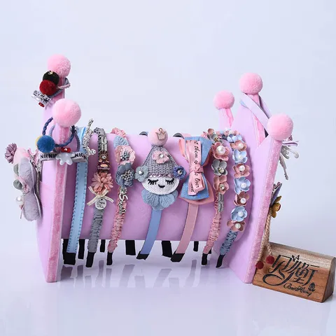 Pink Princess Crown Headband Storage Display Stand Flannel Pom Pom Headwear Organizer For Girls Hair Accessories