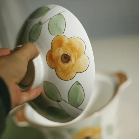 Keramische Soepkom Met Deksel Dubbele Oren Grote Soeppot Onderglazuur Bloem Leuke Stijl Thuis Keuken Servies