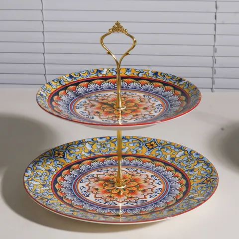 Plato de Fruta de Cerámica Bohemia de Varios Niveles y Soporte de Exhibición de Postres Soporte de Metal Dorado Bandeja de Lujo