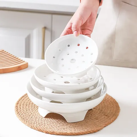 Multipurpose Ceramic Steamer Plate High Foot Deep Steamer Basket Household Rice Cooker Steamer Rack White