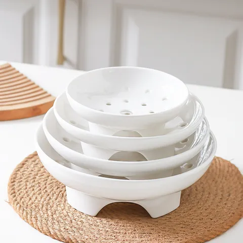 Multipurpose Ceramic Steamer Plate High Foot Deep Steamer Basket Household Rice Cooker Steamer Rack White