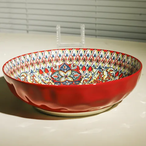 Grande Zuppiera in Ceramica Bohemienne Motivo Floreale Mandala Colore Sottovernice Fruttiera Per Cucina