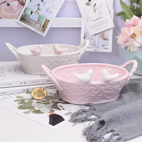 Keramisch Vogel Mand Opbergdienblad Noorse Stijl Wit Roze Decoratieve Sieradenschaal Ring Organizer Badkamerschaal