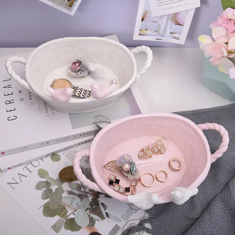 Keramisch Vogel Mand Opbergdienblad Noorse Stijl Wit Roze Decoratieve Sieradenschaal Ring Organizer Badkamerschaal