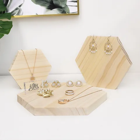 Solid Wood Jewelry Display Stand Pine Hexagon Three-Piece Set Nordic Minimalist Desktop Storage Rack Home Decor