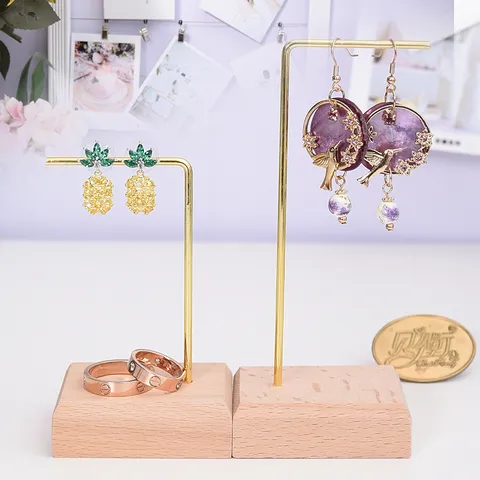 Nordic Minimalist Beech Wood And Iron Earring Display Stand T-Shaped Jewelry Organizer Ring Holder Desktop Storage Rack