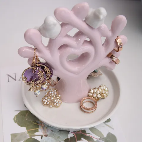Ceramic Love Bird Tree Jewelry Display Stand Pink Desktop Storage Organizer Aesthetic Home Decor Ring Tray Holder