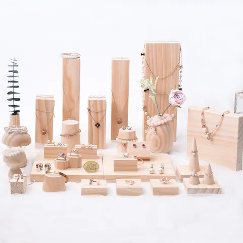 Solid Wood Jewelry Display Stand Set Necklace Earring Display Props Wooden Countertop Organizer Showcase Jewelry Holder
