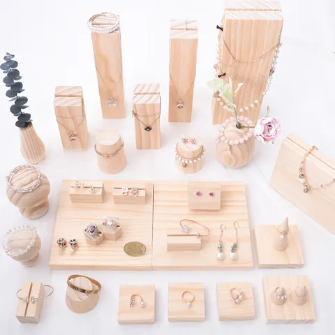 Solid Wood Jewelry Display Stand Set Necklace Earring Display Props Wooden Countertop Organizer Showcase Jewelry Holder