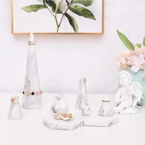 Nordic Minimalist Resin Jewelry Display Stand Faux Marble White Ring Holder Necklace Tray Photography Props Organizer