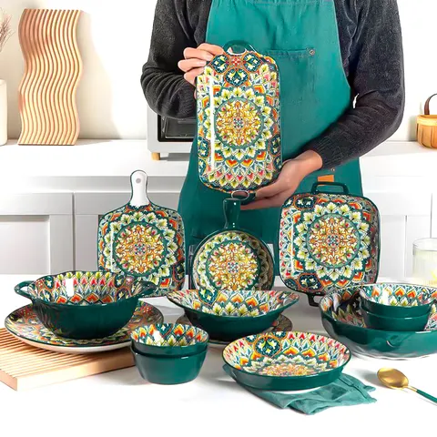 Set Ciotola e Piatto in Ceramica Boema Verde Motivo Mandala Retro Stoviglie Sottosmalto per Cucina