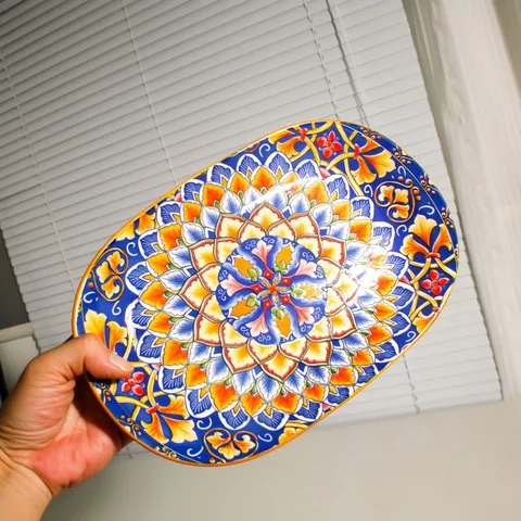 Set Piatto per Pesce e Ciotola in Ceramica Bohemien Servizio da Tavola Stampato Mandala Colorato per Microonde Cucina Casa