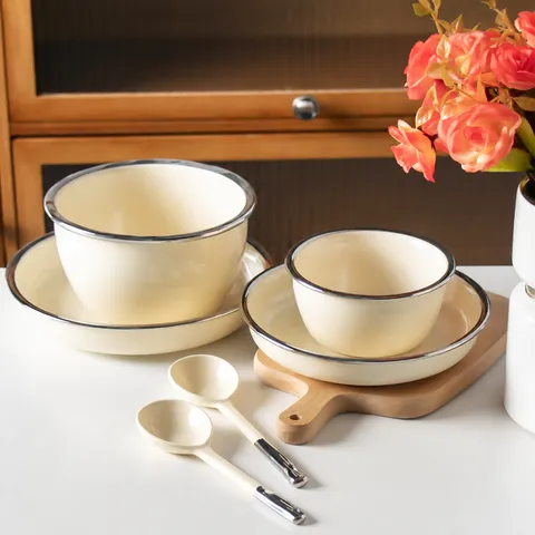 Ins Stile Ceramica Ciotola di Riso Piatto Zuppiera Colore Crema Bordo Argentato Stoviglie Minimalista Cucina Set di Stoviglie