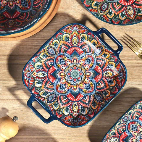 Set di Ciotole e Piatti in Ceramica Stile Bohemien Colore Sottosmalto Motivo Floreale Mandala Adatto per Microonde Stoviglie da Cucina