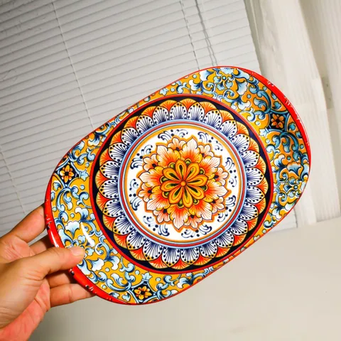 Set Piatto per Pesce e Ciotola in Ceramica Bohemien Servizio da Tavola Stampato Mandala Colorato per Microonde Cucina Casa