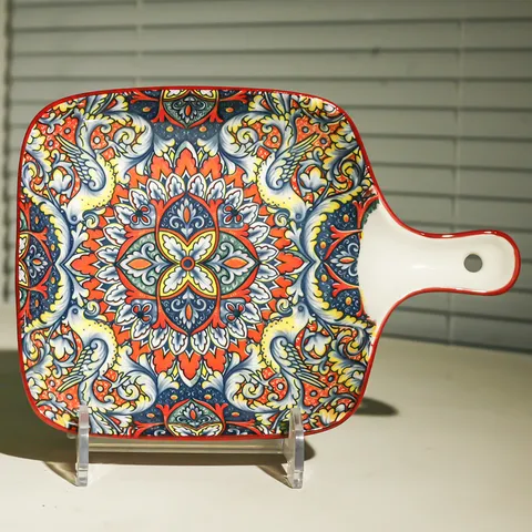 Bohemian Ceramic Handle Plate Vintage Mandala Pattern Serving Plate Baking Dish With Handle For Kitchen Dining Home