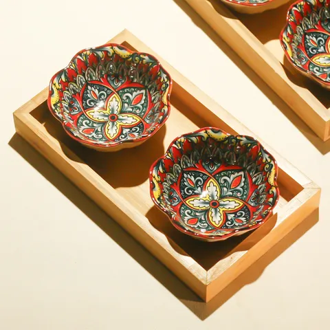 Set Piatto di Frutta in Ceramica Stile Bohémien Con Vassoio in Legno di Bambù Piatto da Portata Vintage Stampato Stoviglie