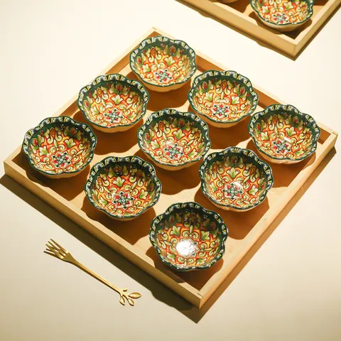 Set di Piatti per Snack in Ceramica Bohemien Piatto di Frutta Con Vassoio in Legno di Bambù Vassoio da Portata per Dessert