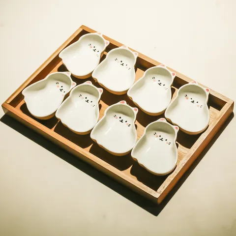 Cute Ceramic Cat Snack Dish Set With Wooden Tray Kawaii Fruit Plate Dry Fruit Serving Platter Home Kitchen Tableware