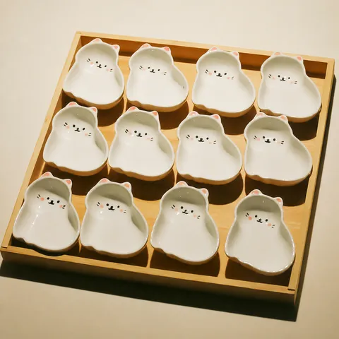 Cute Ceramic Cat Snack Dish Set With Wooden Tray Kawaii Fruit Plate Dry Fruit Serving Platter Home Kitchen Tableware