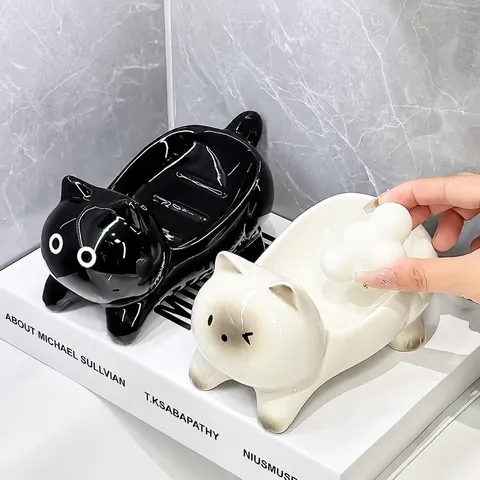 Portasapone in Ceramica Creativo con Design di Gatto Carino Supporto per Drenaggio Scatola per Sapone per Bagno Lavabo Arredamento