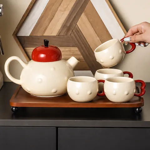 Creative Ceramic Apple Teapot And Teacups Set With Wood Tray Gift Box Modern Minimalist Red White Tea Set For Home Kitchen