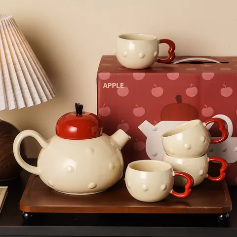 Creative Ceramic Apple Teapot And Teacups Set With Wood Tray Gift Box Modern Minimalist Red White Tea Set For Home Kitchen