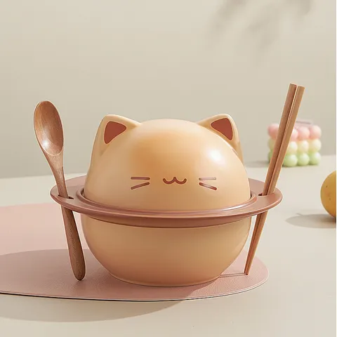 Bol de Fideos Instantáneos de Cerámica de Gato de Dibujos Animados con Tapa Cuchara Palillos