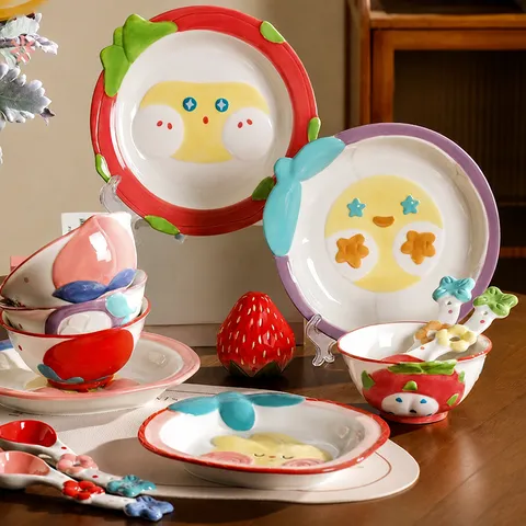 Set di Stoviglie in Ceramica con Piatto di Frutta e Insalatiera a Cartone Animato Kawaii Mangostano Pesca Fragola