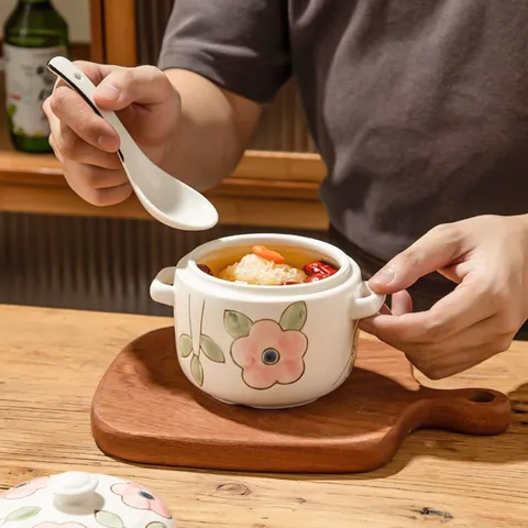 Pentola per Stufato in Ceramica Casa Doppio Coperchio Zuppiera Casseruola in Ceramica Con Design Floreale Dipinto a Mano Per Cucina