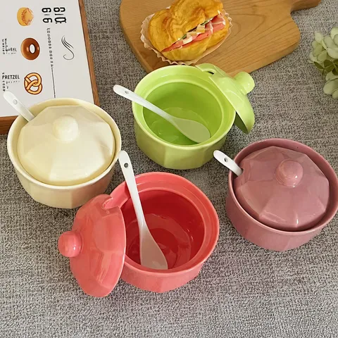 Ceramic Macaron Seasoning Jar Household Kitchen Storage Jar Without Spoon Solid Color Food Storage Container
