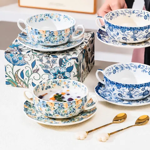 Ciotola in Ceramica con Doppia Orecchia in Stile Retro Blu e Bianco Sottosmalto Francese Tazza da Caffè Ciotola da Dessert Stoviglie Floreali Scatola Regalo
