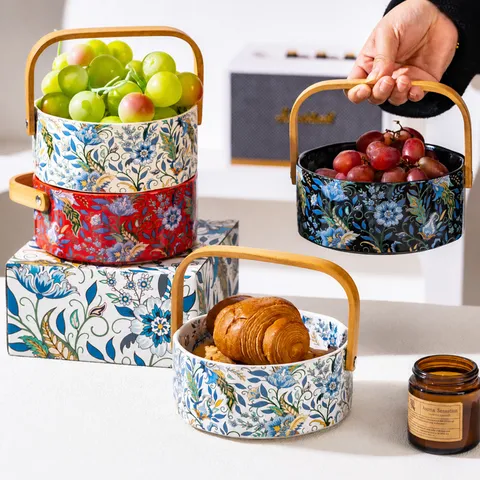 Piatto di Frutta in Ceramica Retro Europea Con Manico in Legno Motivo Floreale Cesto Portaoggetti Decorazione Soggiorno