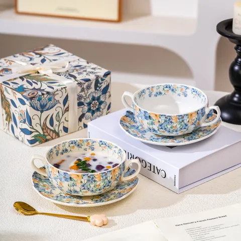 Ciotola in Ceramica con Doppia Orecchia in Stile Retro Blu e Bianco Sottosmalto Francese Tazza da Caffè Ciotola da Dessert Stoviglie Floreali Scatola Regalo