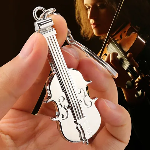 Creative Metal Violin Keychain Pendant Musical Instrument Model Key Ring For Music Lovers Gift Silver Tone Electroplated Key Accessories