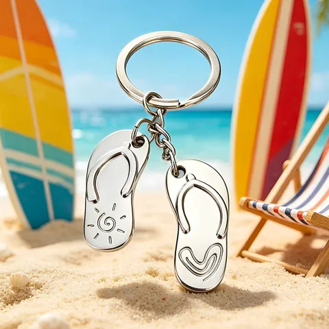 Creative Beach Flip-Flops Metal Keychain Summer Sun Heart Pattern Silver Zinc Alloy Key Ring Pendant For Couple Souvenir Gift