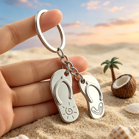 Creative Beach Flip-Flops Metal Keychain Summer Sun Heart Pattern Silver Zinc Alloy Key Ring Pendant For Couple Souvenir Gift