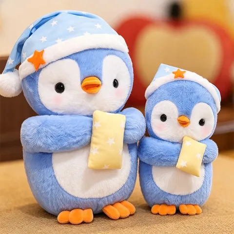 Cute Pajama Penguin Plush Toy Stuffed Animal Soft Doll With Star Sleeping Hat And Pillow Kids Birthday Gift