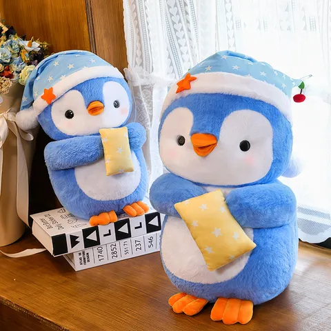 Cute Pajama Penguin Plush Toy Stuffed Animal Soft Doll With Star Sleeping Hat And Pillow Kids Birthday Gift