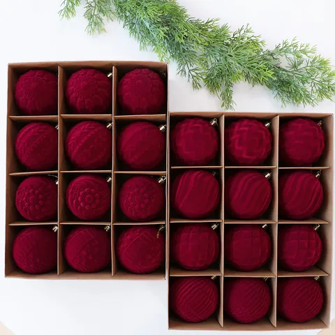 8cm Wine Red Flocked Christmas Ball Ornaments 12Pcs Set Velvet Embossed Christmas Tree Hanging Decorations For Holiday Home Decor
