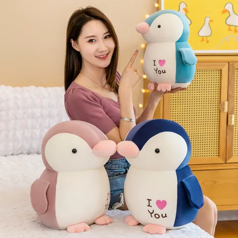 Cute Love Penguin Plush Toy Soft Stuffed Animal Doll Heart Embroidery Pillow Companion Birthday Gift For Kids Girls