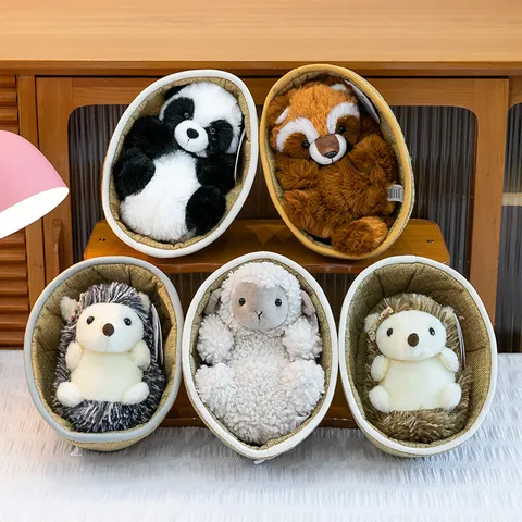 Cute Animal Plush Toy With Woven Basket Stuffed Doll Soft Polyester Cute Dog Cat Panda Toy Kids Birthday Gift