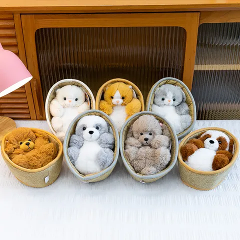 Cute Animal Plush Toy With Woven Basket Stuffed Doll Soft Polyester Cute Dog Cat Panda Toy Kids Birthday Gift