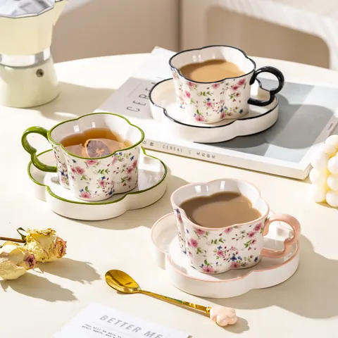 Light Luxury Clover Ceramic Coffee Cup And Saucer Set Exquisite Afternoon Tea Cup With Floral Pattern Gift Box